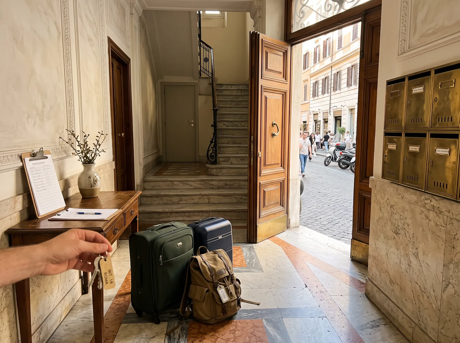 Students arriving with luggage at an apartment in Rome