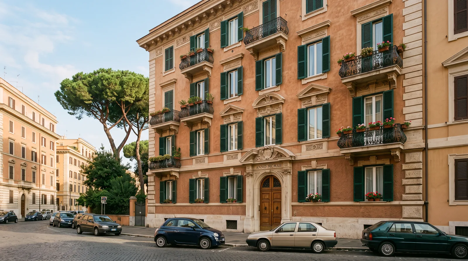 Residential palazzo facade on a street in Prati, Rome