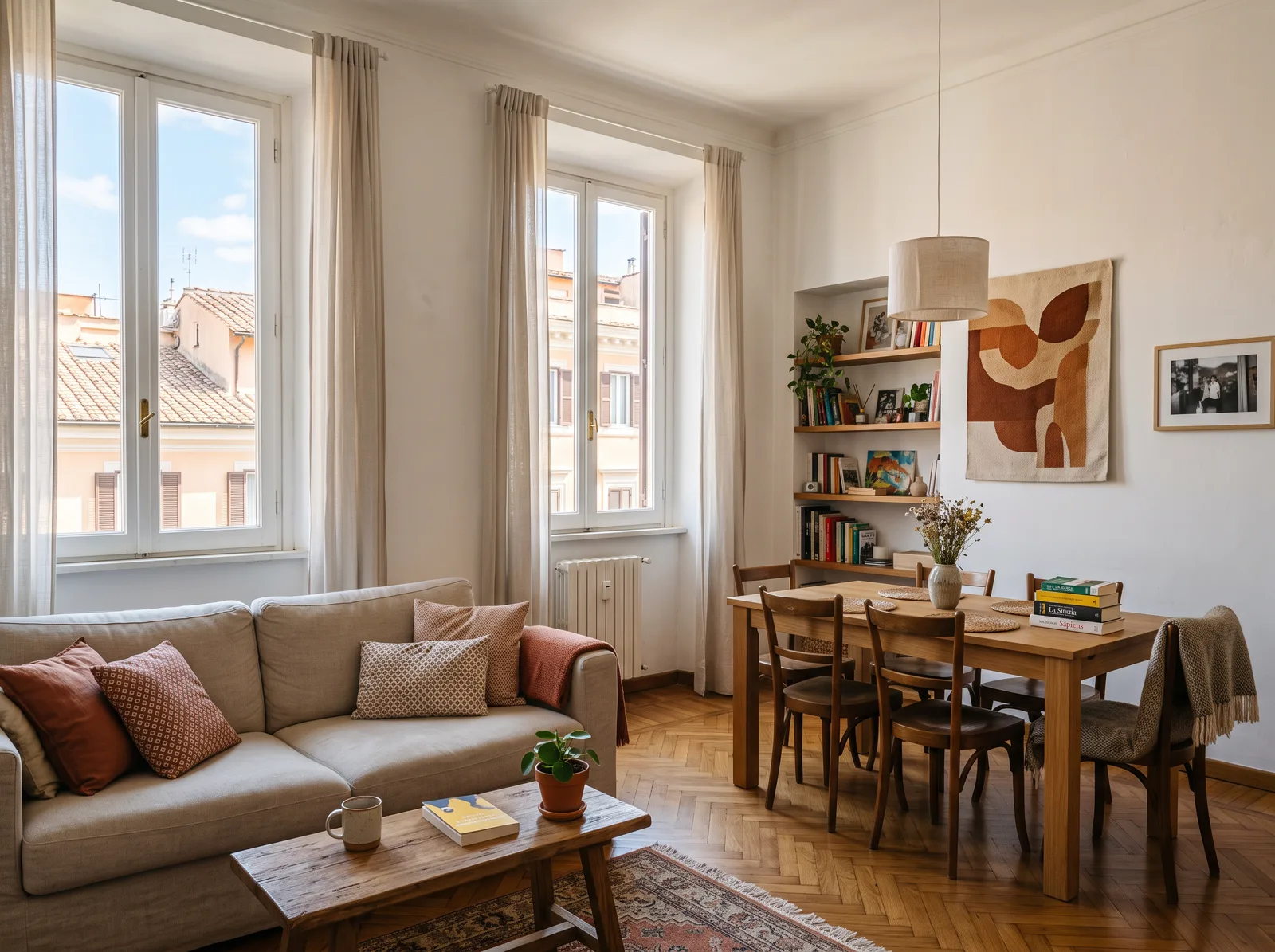 Furnished living room in an AMOE Housing student apartment in Rome