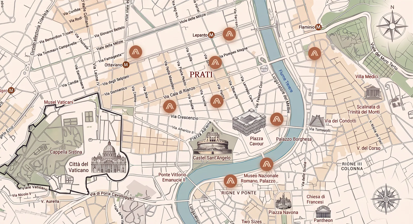 Map of the Prati district of Rome showing AMOE Housing locations